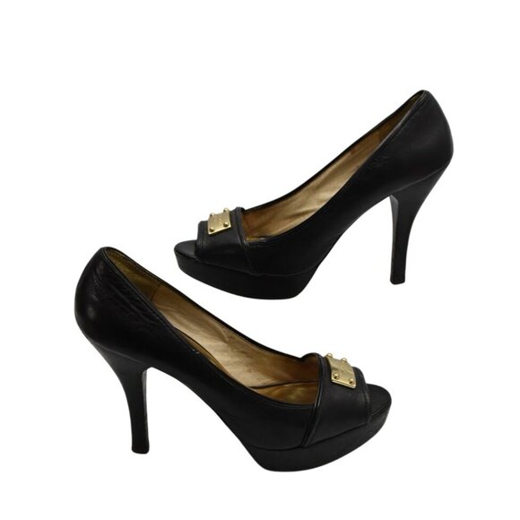 Michael Kors Peep Toe Platform High Heels Shoes 10 Black Leather Gold Logo Plate - Picture 3 of 6